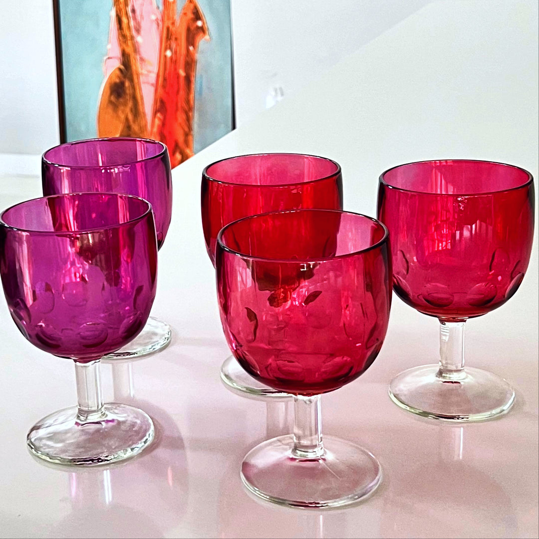 Vintage Large Pink Set Of 5 Textured Wine Glasses