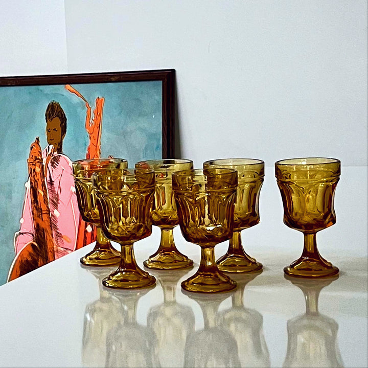 Vintage Anchor Hocking Fairfield Amber Wine Goblets Amber set of 6 Glasses