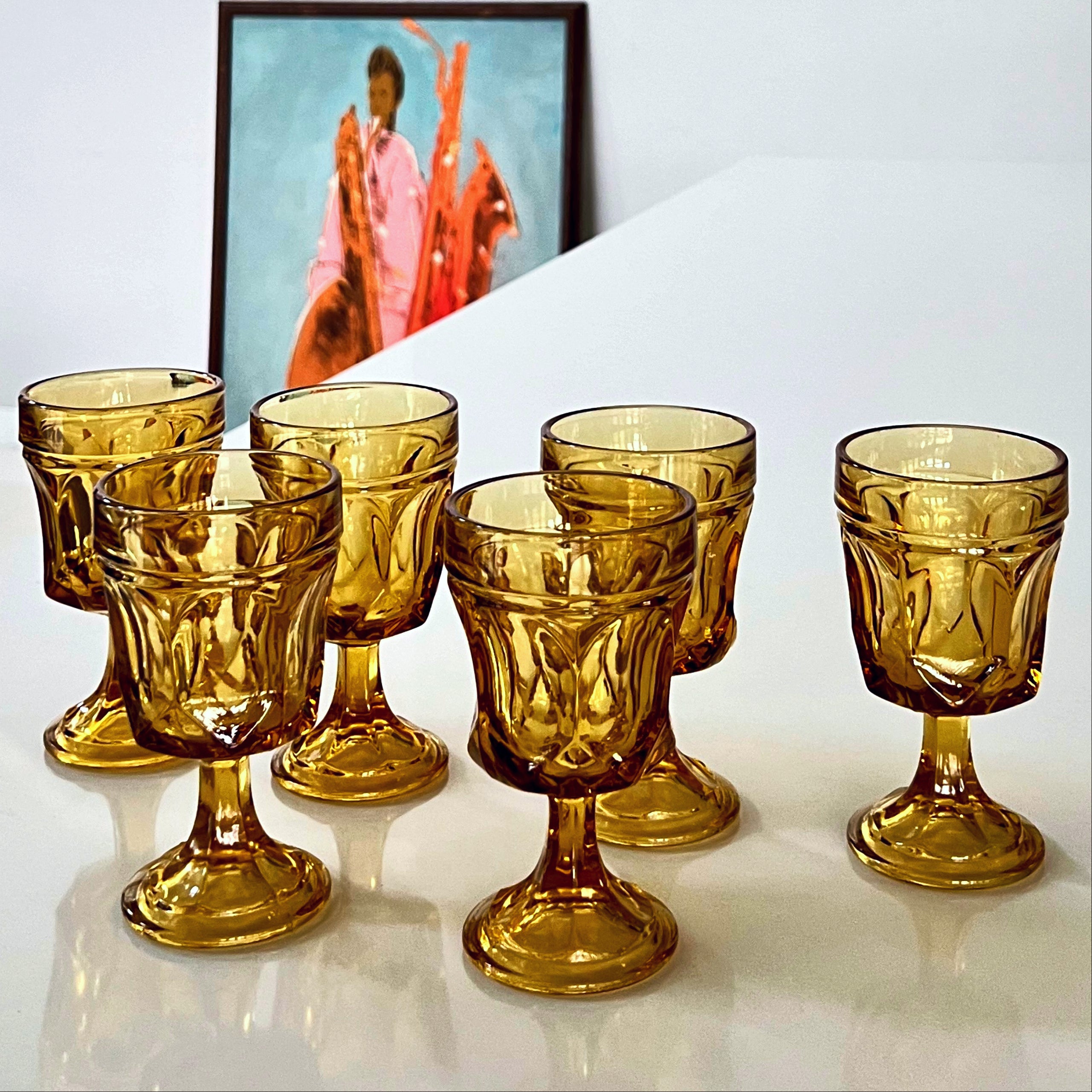 Vintage Anchor Hocking Fairfield Amber Wine Goblets Amber set of 6
