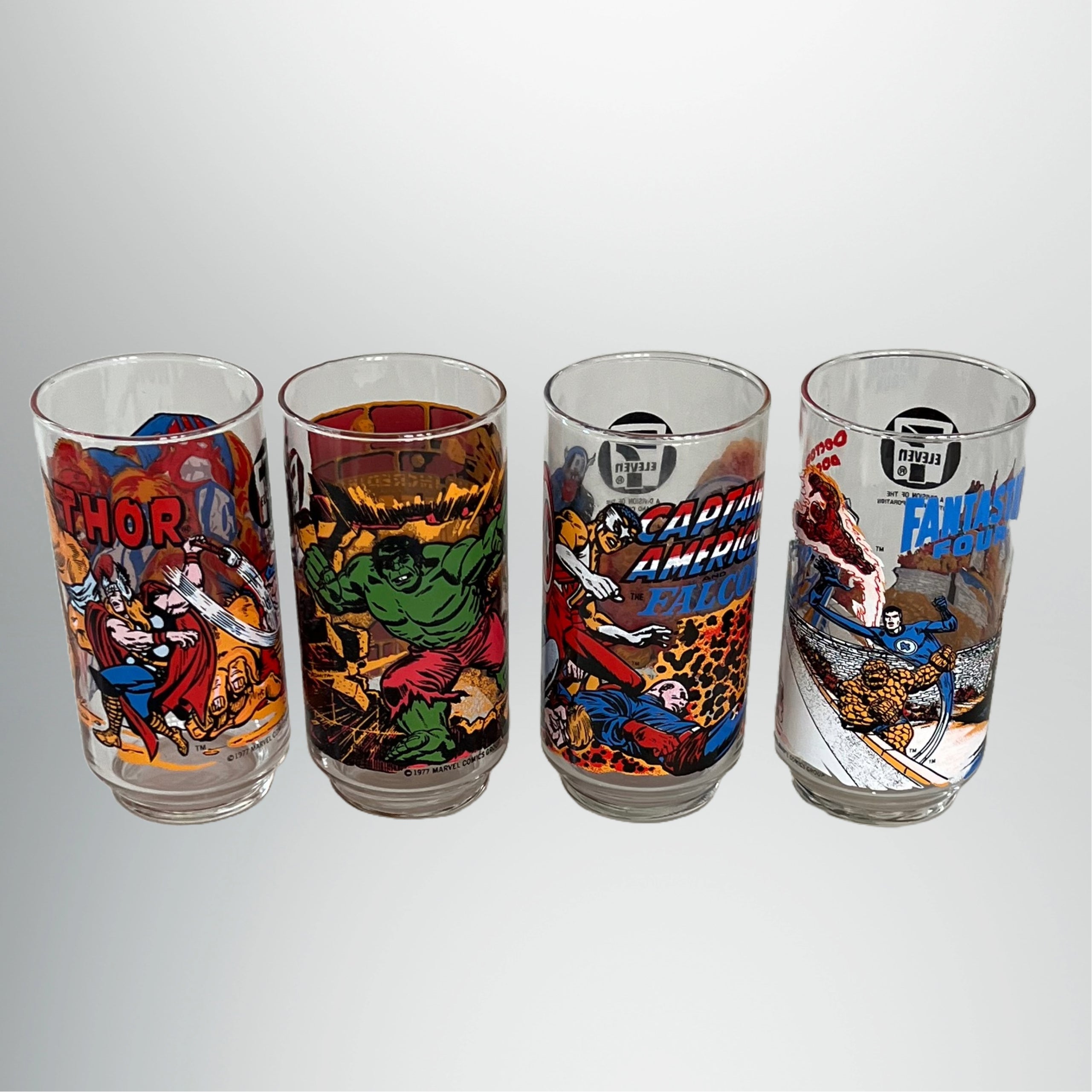 Vintage 1977 Marvel Collectible 7-Eleven Glass Set 4 glasses Hulk, Cap ...