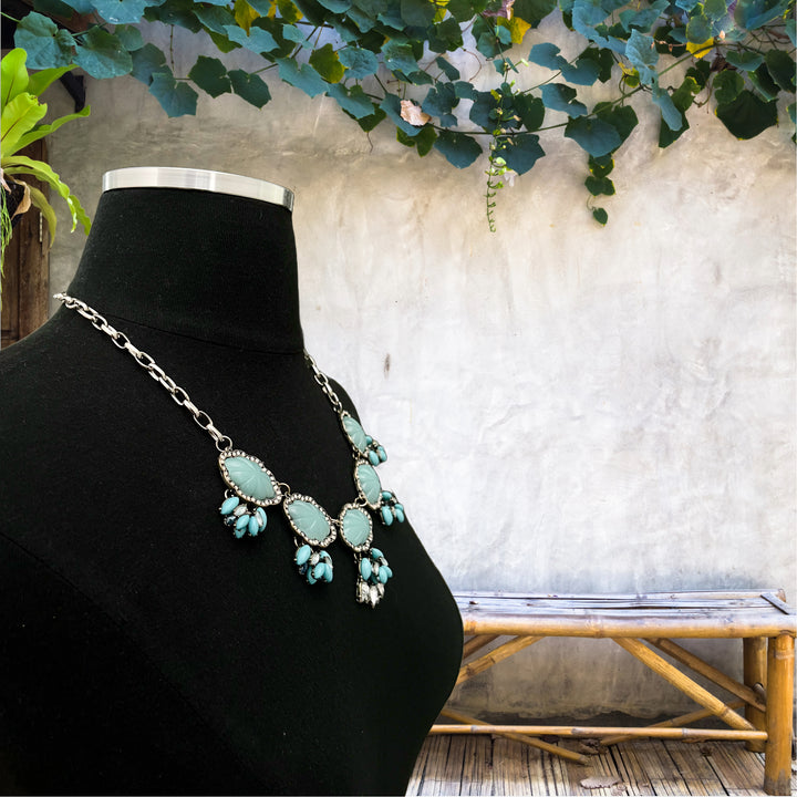 Vintage Turquoise and Rhinestone Silver Tone Necklace