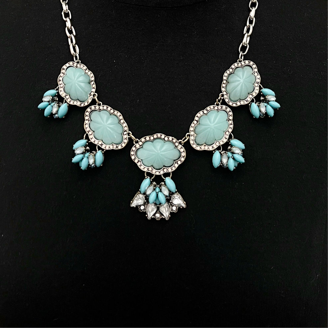 Vintage Turquoise and Rhinestone Silver Tone Necklace