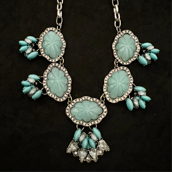 Vintage Turquoise and Rhinestone Silver Tone Necklace