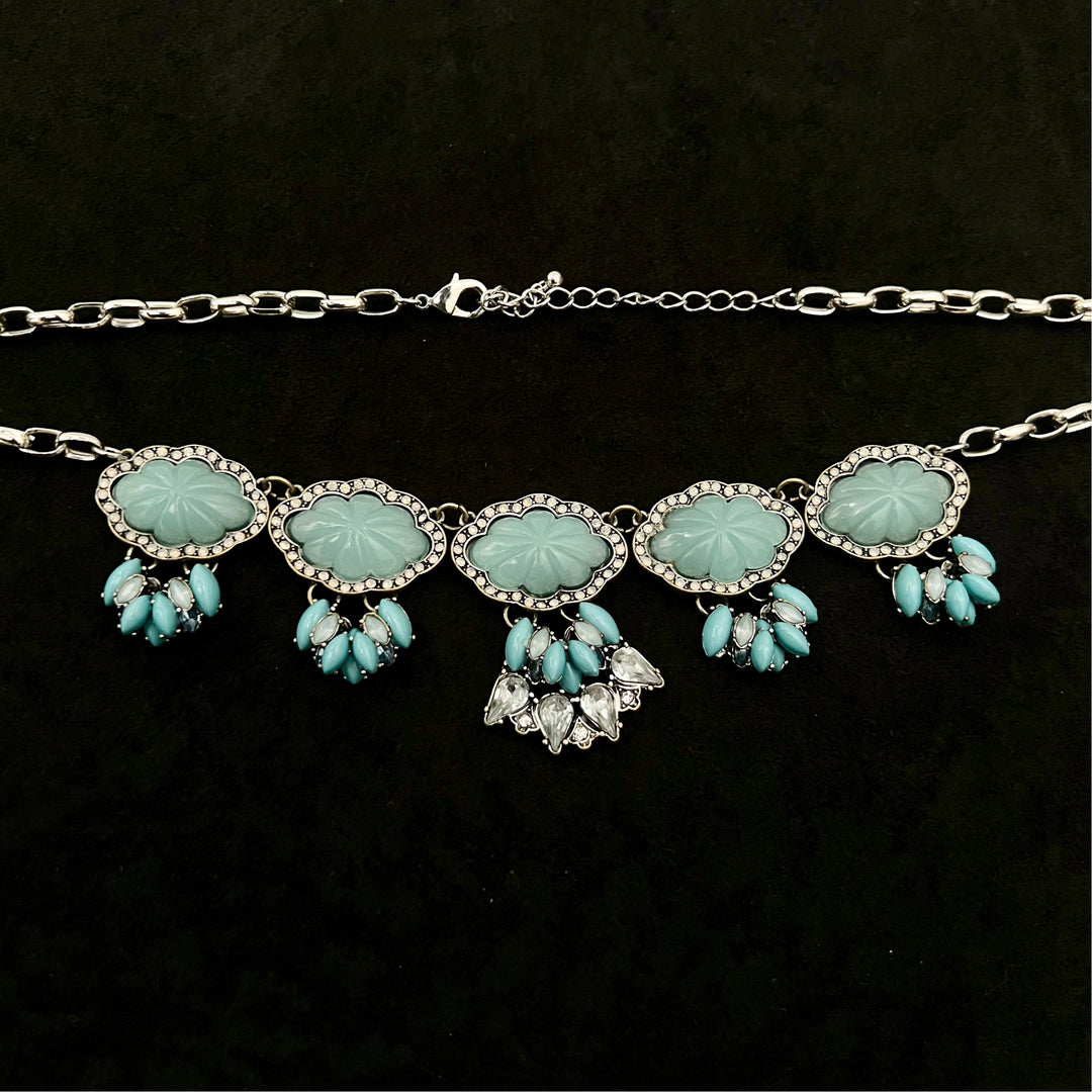 Vintage Turquoise and Rhinestone Silver Tone Necklace