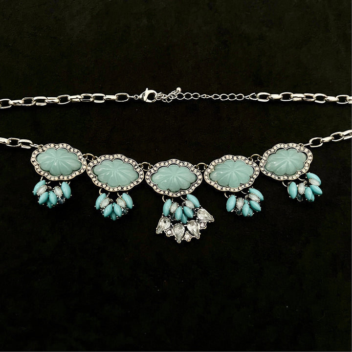 Vintage Turquoise and Rhinestone Silver Tone Necklace