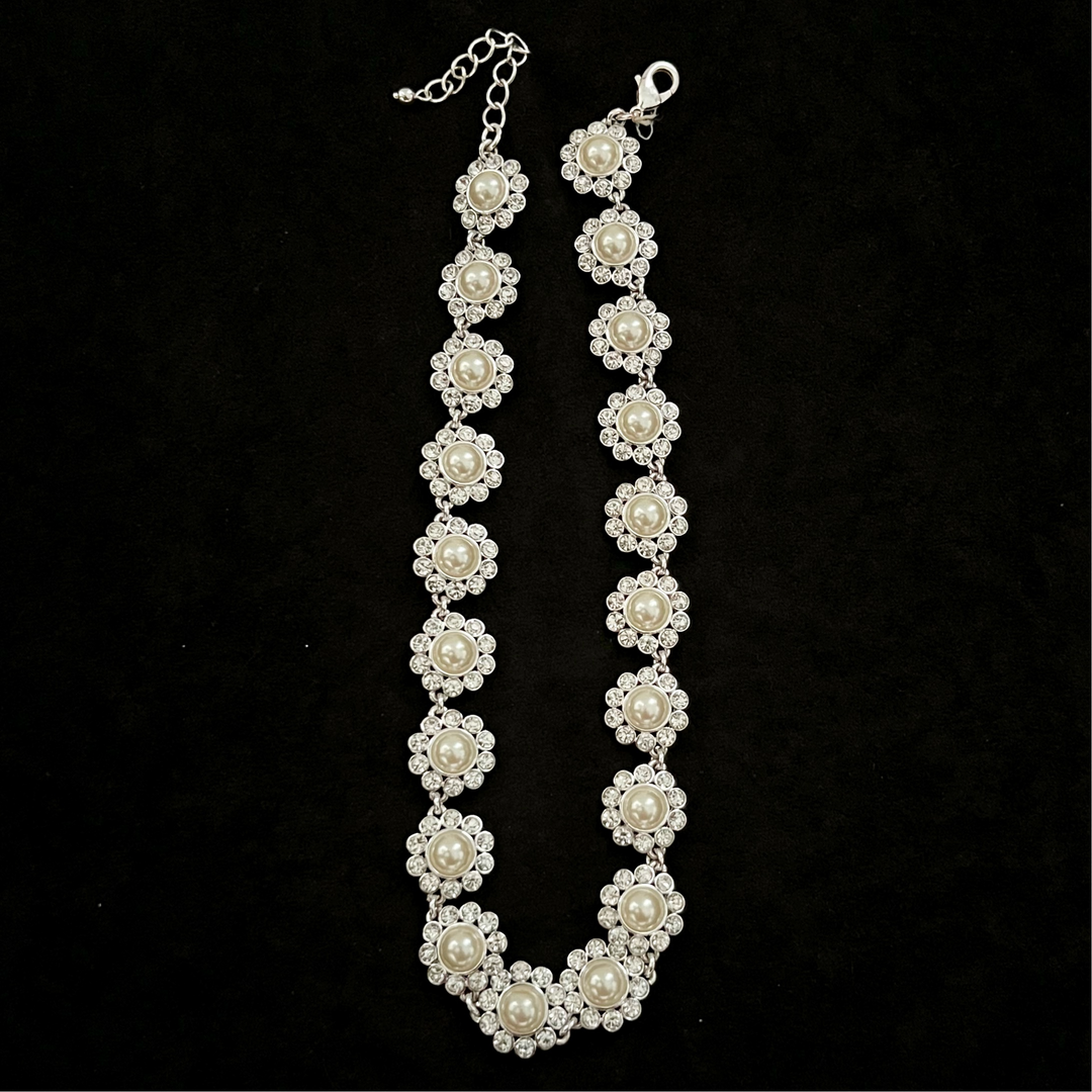 Vintage Rhinestone and Faux Pearl Silver Tone Necklace