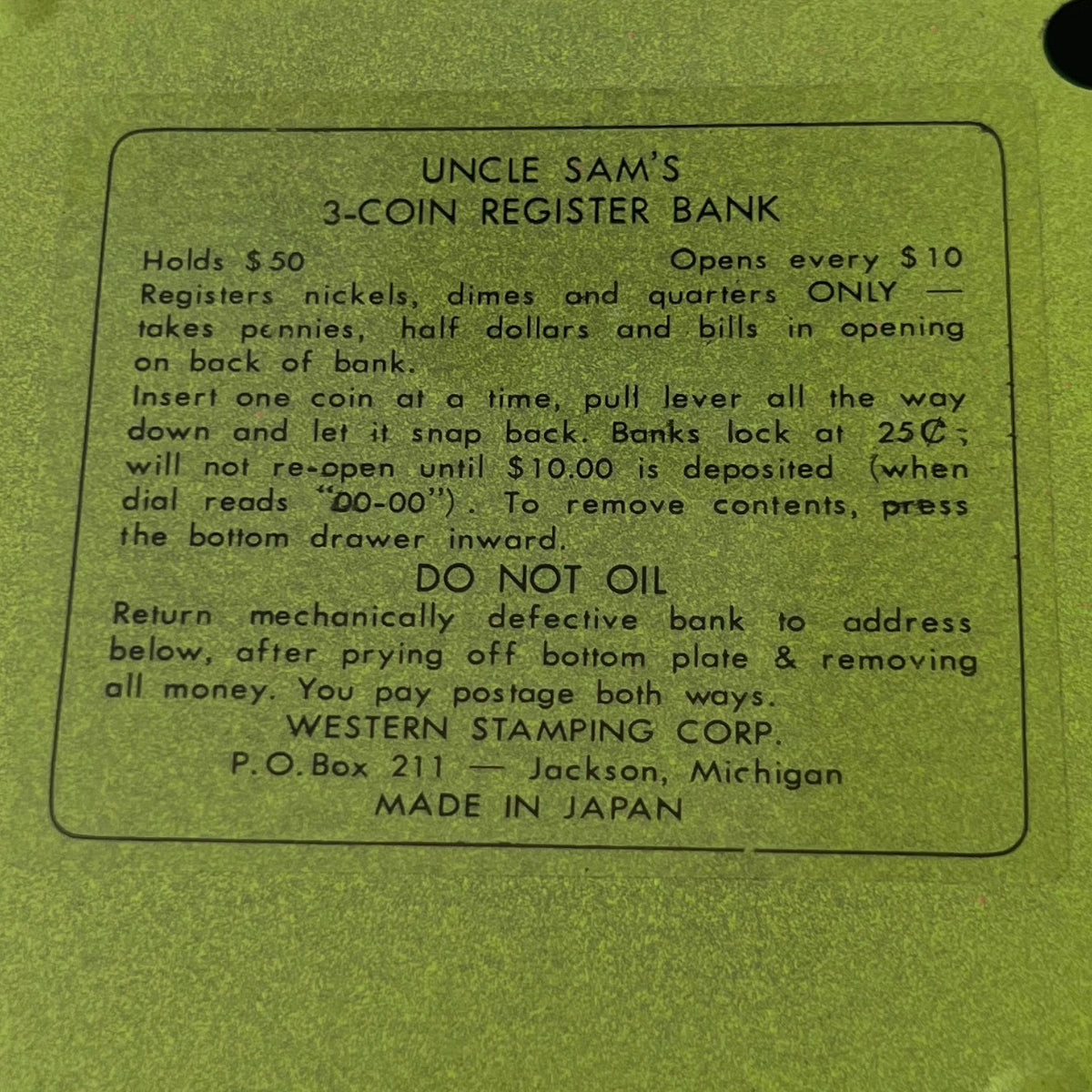 Vintage Uncle Sam's Bank Toy 6'' Vintage Uncle Sam's Green 3 Coin Bank