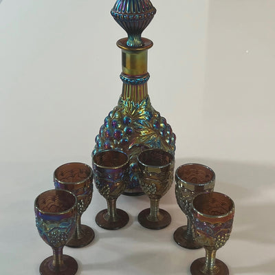 Vintage Seven Piece Carnival Imperial Purple Amethyst Decanter Glass With Grape Accent