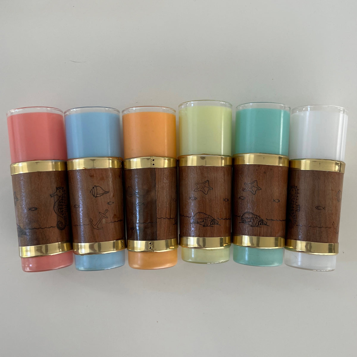 Vintage MCM Libbey six Frosted Walnut wrapped Tumbler Drinking Glasses