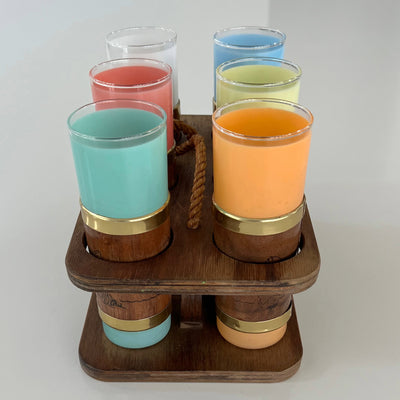 Vintage MCM Libbey six Frosted Walnut wrapped Tumbler Drinking Glasses