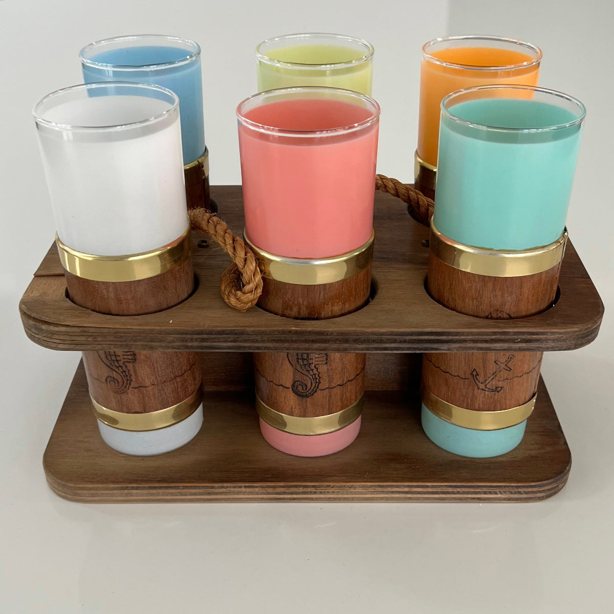 Vintage MCM Libbey six Frosted Walnut wrapped Tumbler Drinking Glasses