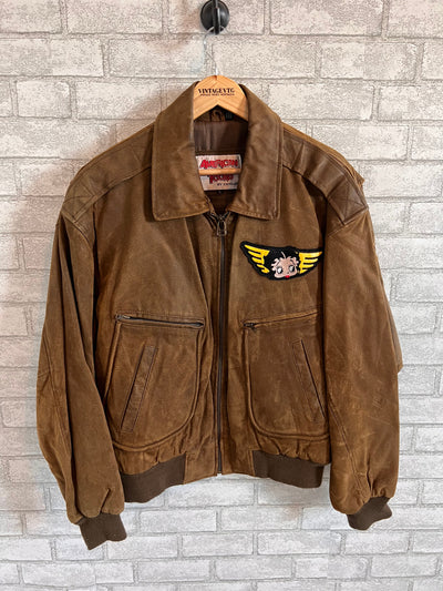 Vintage 90s American Toons Betty Boop leather flight Bomber Jacket. Large