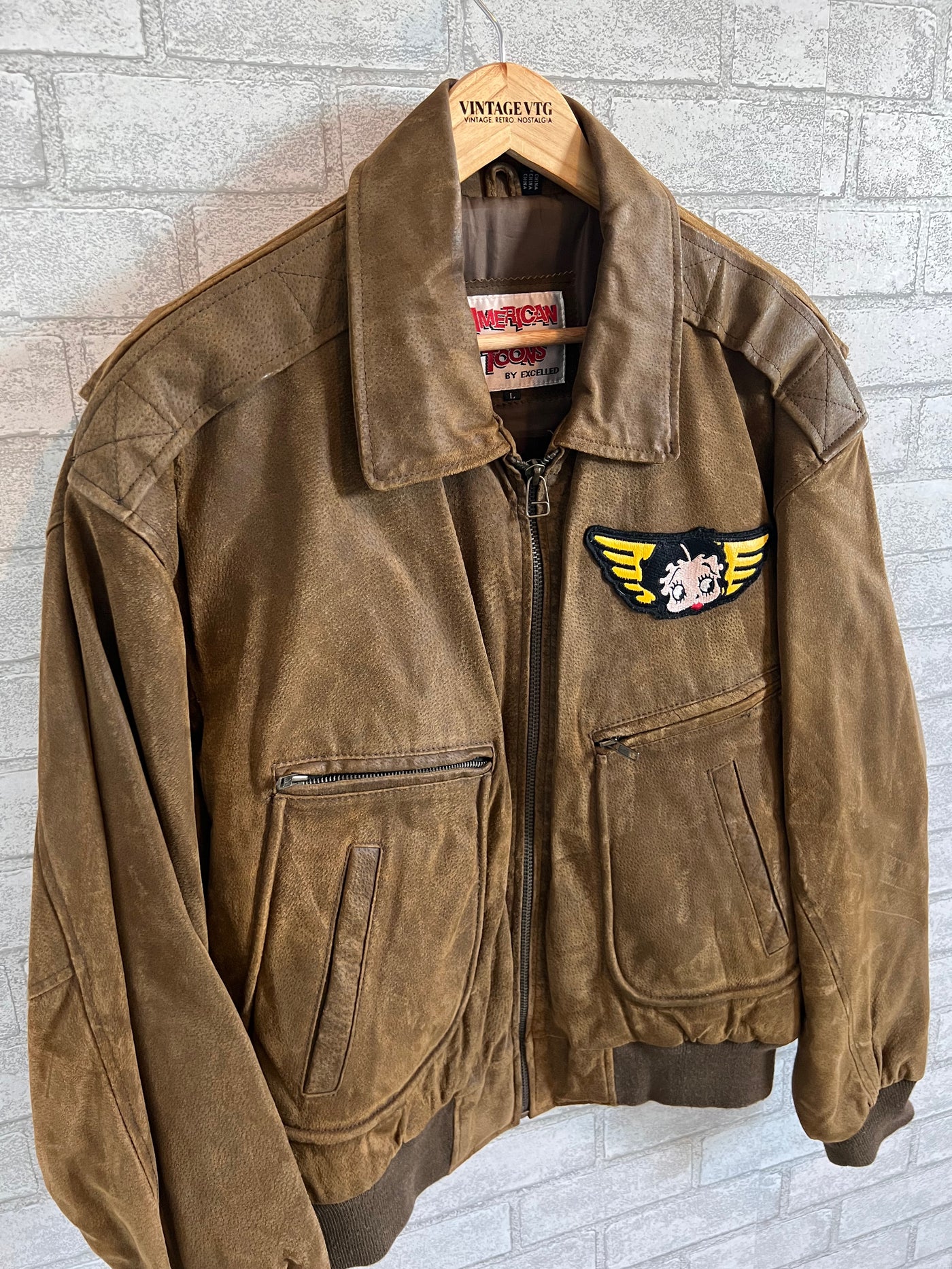 Vintage 90s American Toons Betty Boop leather flight Bomber Jacket. Large