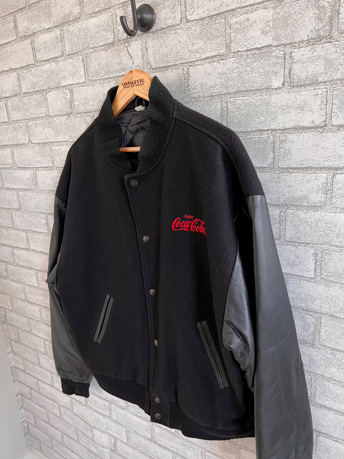 Vintage Black Wool & Leather Coca Cola Letterman Style Jacket. Medium