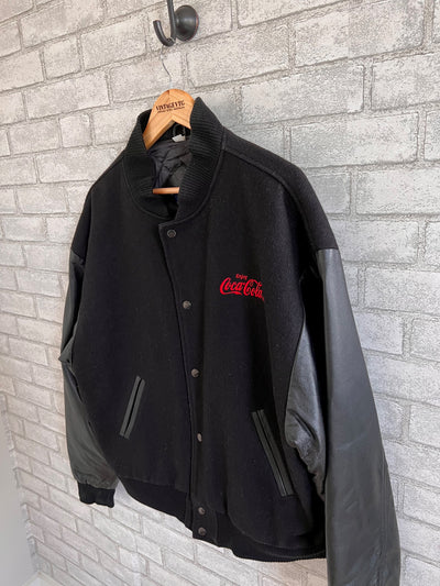 Vintage Black Wool & Leather Coca Cola Letterman Style Jacket. Medium
