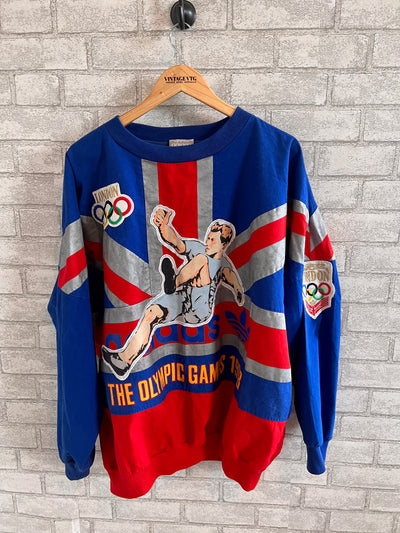 Rare Vintage 80s Adidas 1908 1948 London Olympics Men's Pullover sweatshirt. Blue and red. Large
