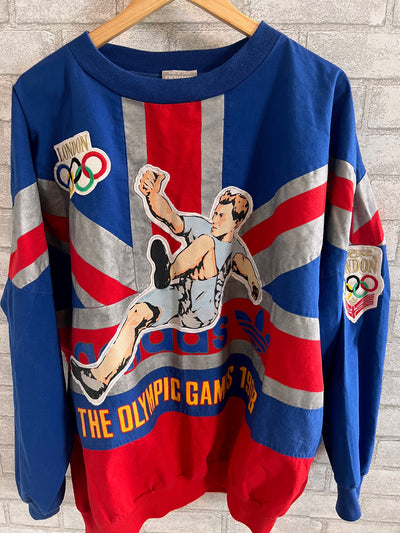 Rare Vintage 80s Adidas 1908 1948 London Olympics Men's Pullover sweatshirt. Blue and red. Large