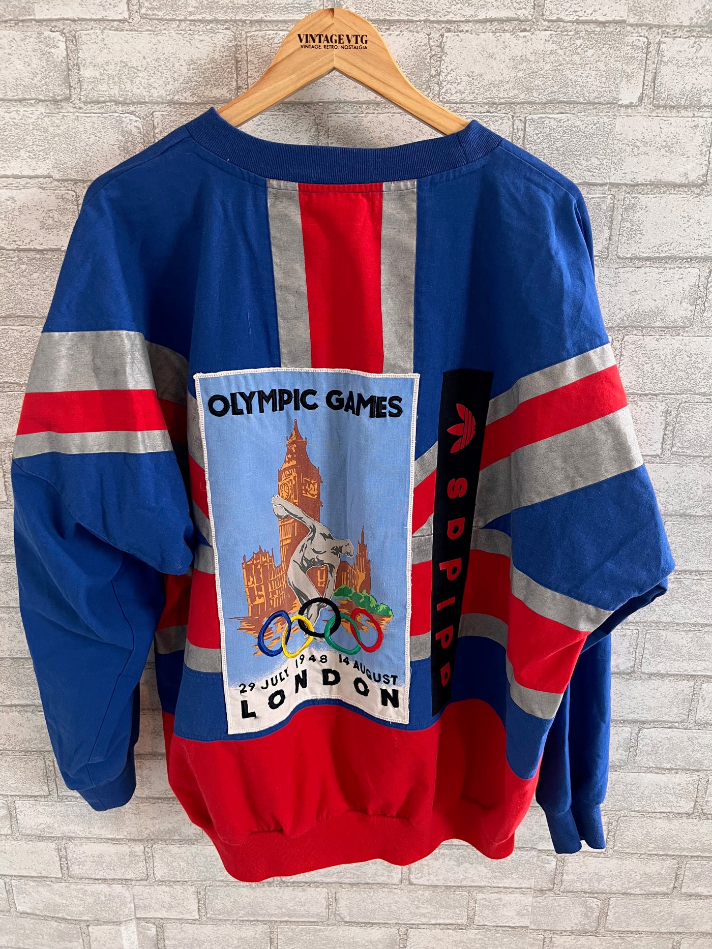Rare Vintage 80s Adidas 1908 1948 London Olympics Men's Pullover sweatshirt. Blue and red. Large
