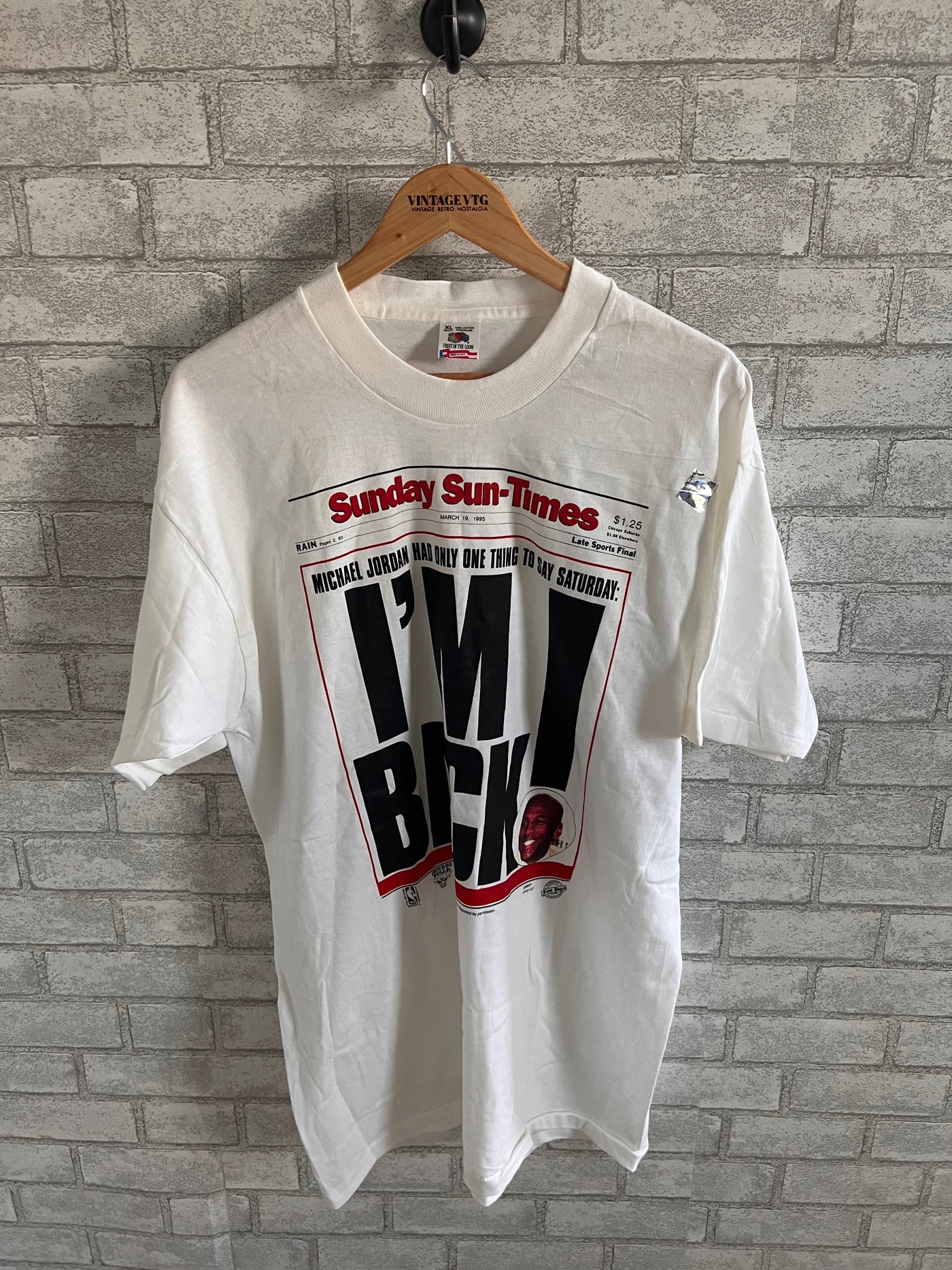 Rare Vintage 1995 Chicago Sun-Times Michael Jordan I'm Back White T-Shirt. XL.  New without tag