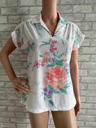 Vintage Thin White Blouse with flowers