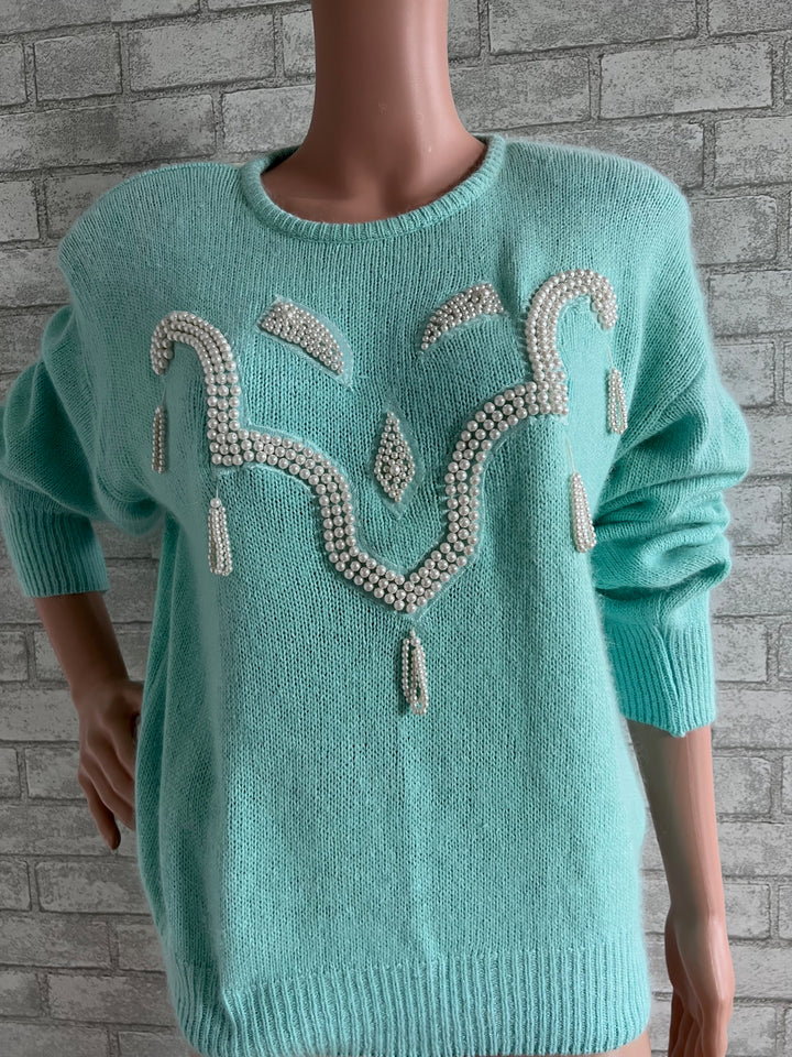Vintage NWT Green Dana Scott Sweater with White Beads