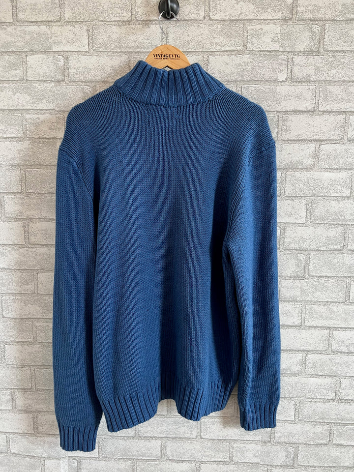 Vintage Ralph Lauren 90's Cotton Blue Sweater with 1/4 zip turtleneck