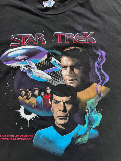 Vintage 1991 Star Trek Adventure, Spock, Kirk and crew T-shirt, Black X-Large.