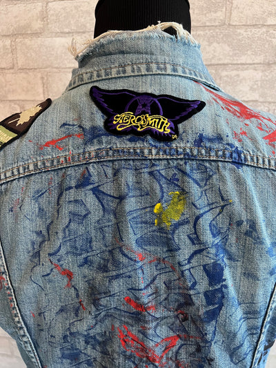 Vintage Maverick Denim Jacket with band patches "Guns N' Rosses, Led Zeppelin, Aerosmith, Pink Floyd"