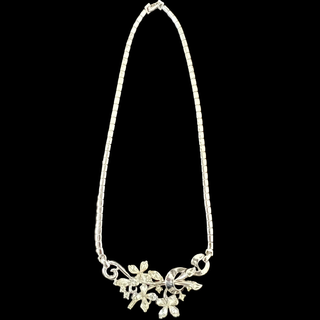 Vintage Trifari Silver & Rhinestone Floral Necklace Choker by Alfred Phillippe