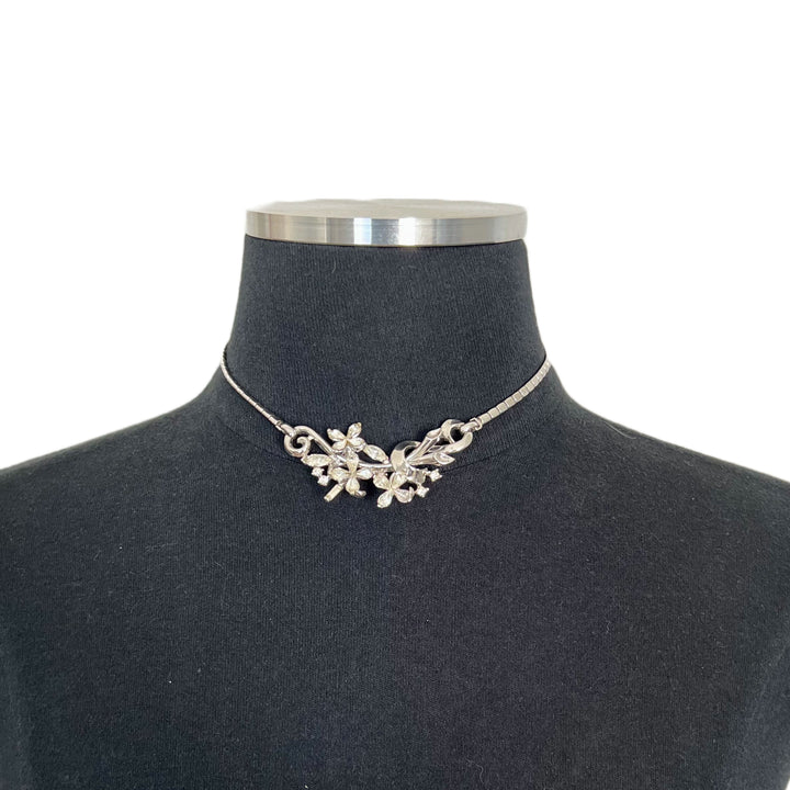 Vintage Trifari Silver & Rhinestone Floral Necklace Choker by Alfred Phillippe