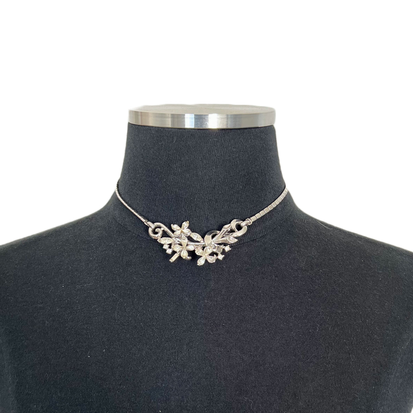 Vintage Trifari Silver & Rhinestone Floral Necklace Choker by Alfred Phillippe