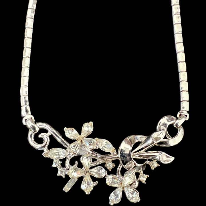 Vintage Trifari Silver & Rhinestone Floral Necklace Choker by Alfred Phillippe