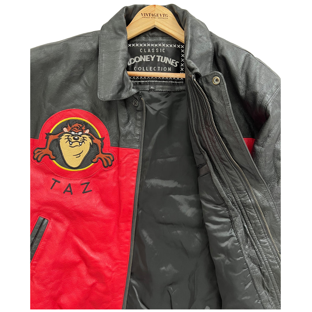 Vintage 90s Classic Looney Tunes TAZ Wild Man Black and Red leather Jacket. XL