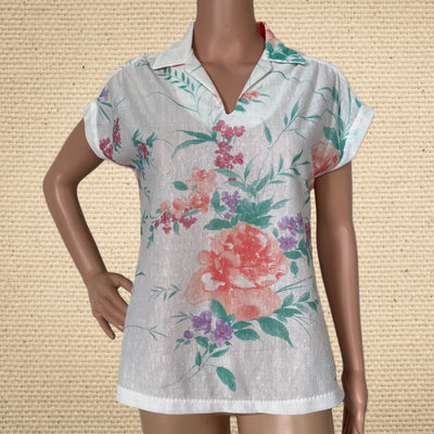 Vintage Thin White Blouse with flowers