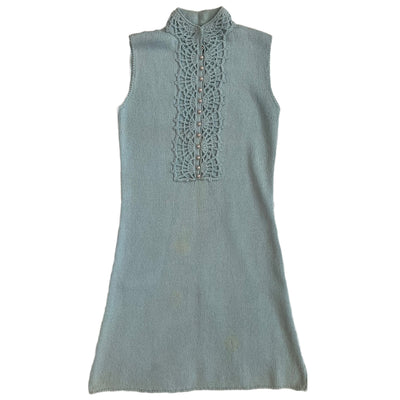 Vintage 60's St. John Knits. Baby blue Crochet beaded Pearl Button up dress.