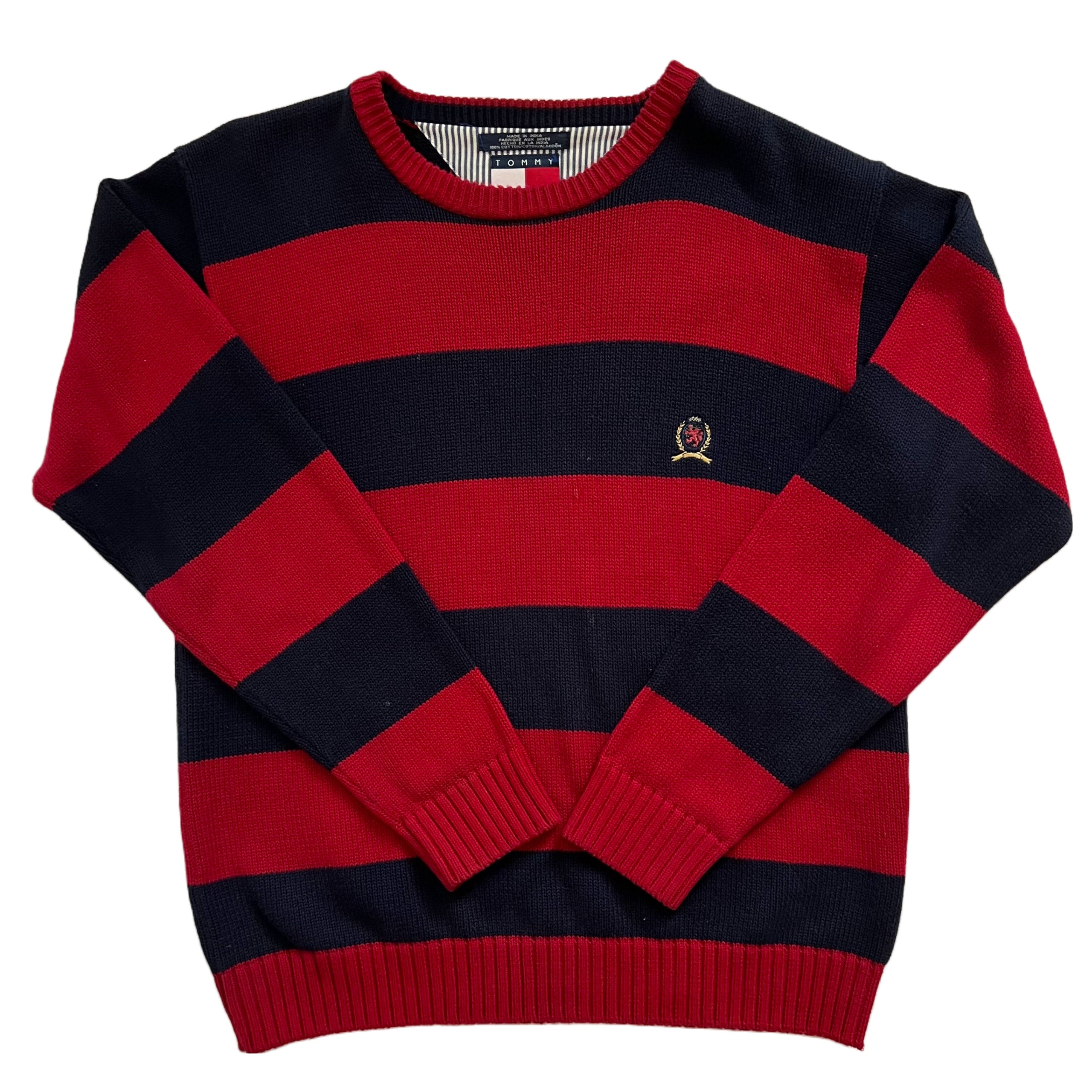 Vintage 90s Tommy Hilfiger Pullover Knit Sweater Mens M Spell Out purchases Navy Blue Red