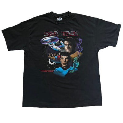 Vintage 1991 Star Trek Adventure, Spock, Kirk and crew T-shirt, Black X-Large.