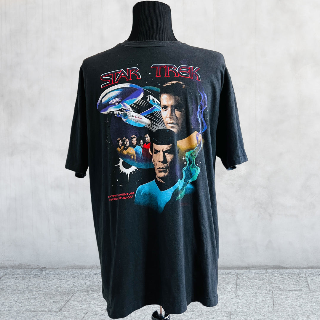 Vintage 1991 Star Trek Adventure, Spock, Kirk and crew T-shirt, Black X-Large. Front view