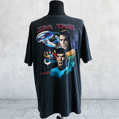 Vintage 1991 Star Trek Adventure, Spock, Kirk and crew T-shirt, Black X-Large. Front view
