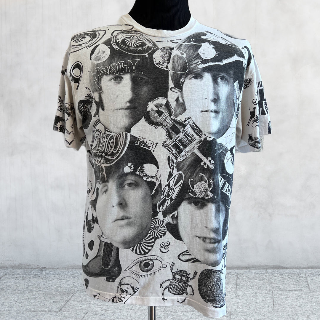 Rare Vintage The Beatles T-shirt 90's AOP Black and White Shirt. front of shirt