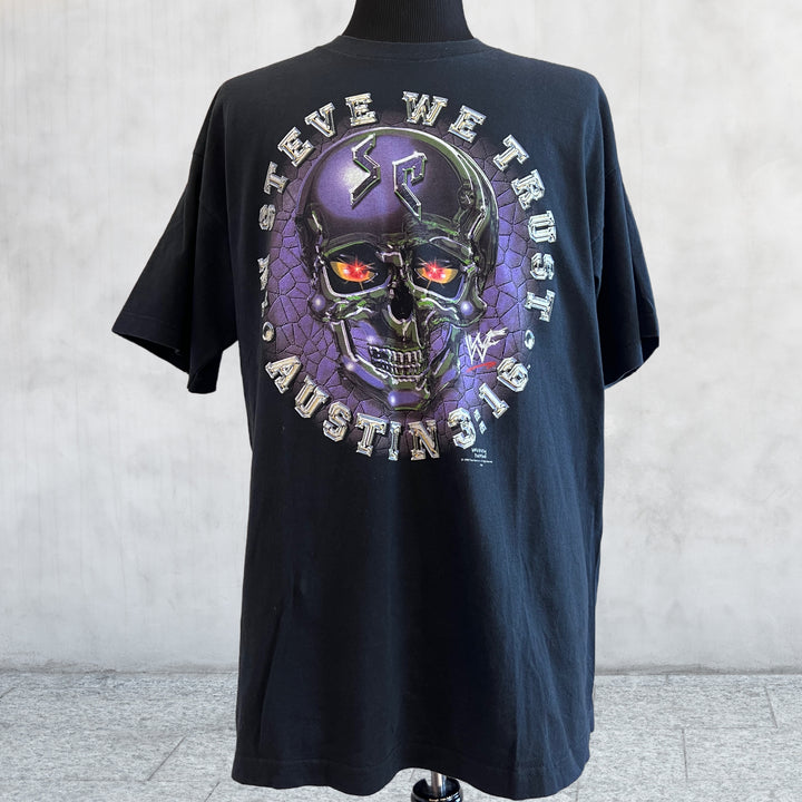 Rare Vintage T-shirt 1998 WWF Stone Cold Steve Austin Skull "In Steve We Trust Austin 3:16" front of shirt
