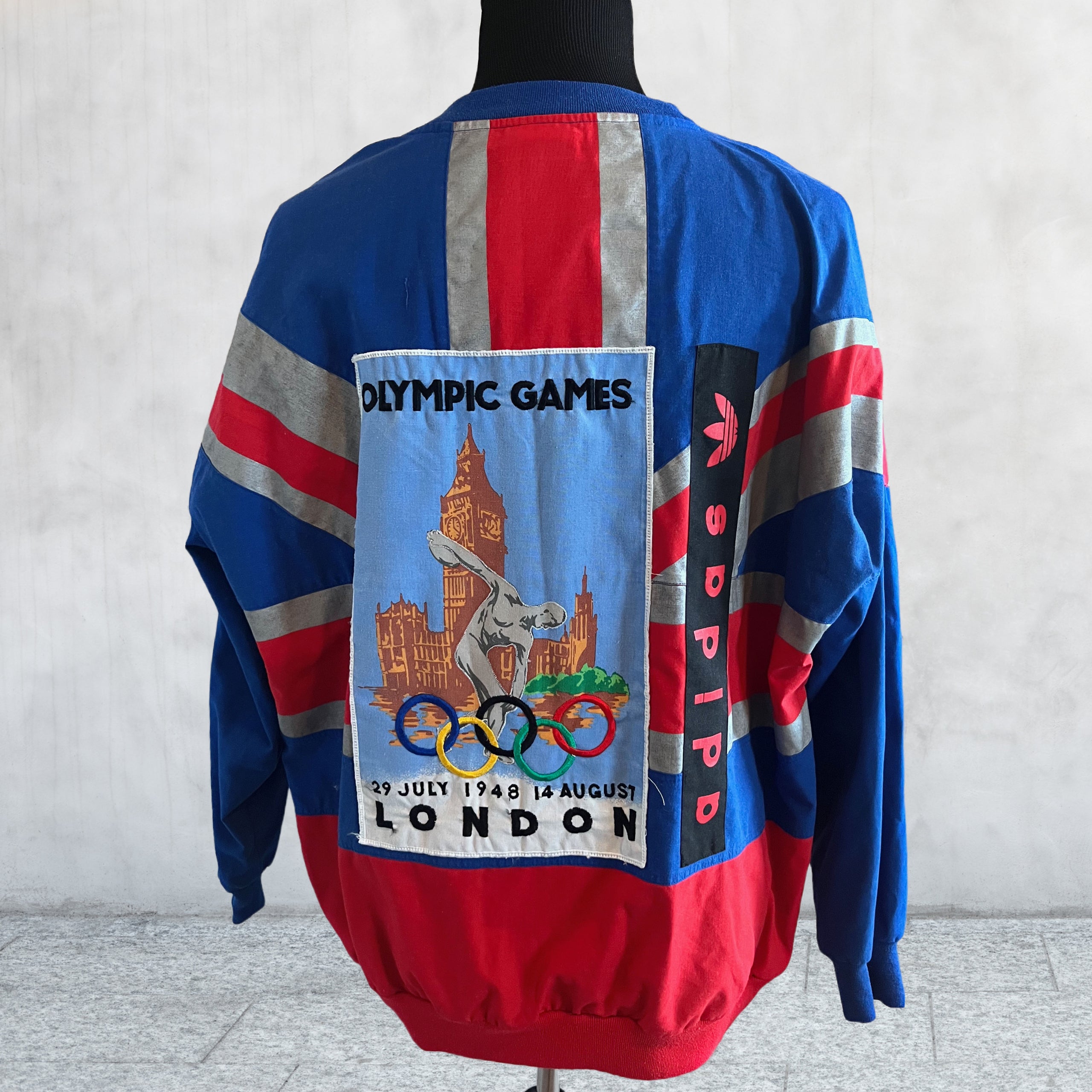 Rare Vintage 80s Adidas 1908 1948 London Olympics Men's Pullover  sweatshirt. Blue and red. Large