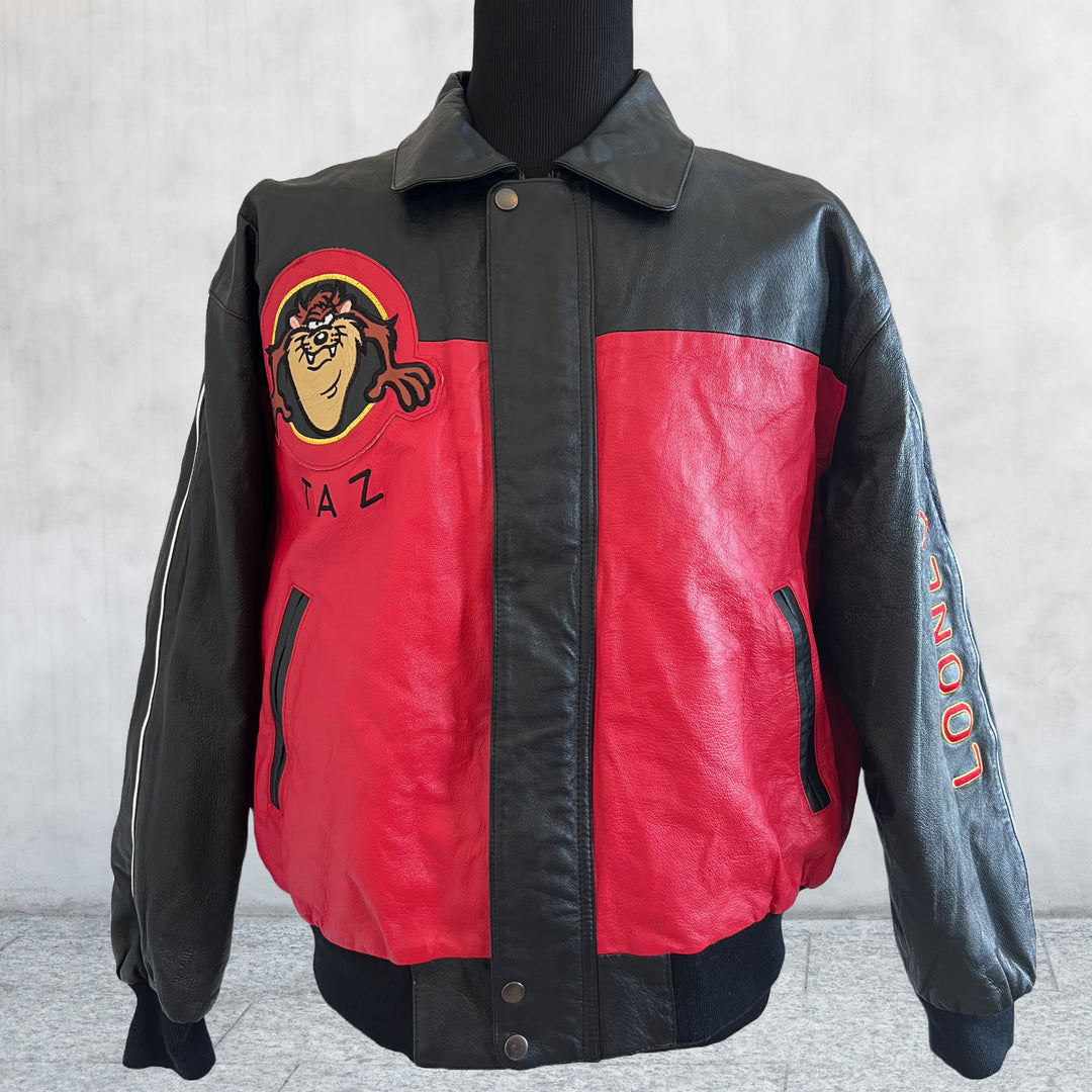 Vintage 90s Classic Looney Tunes TAZ Wild Man Black and Red leather Jacket. XL