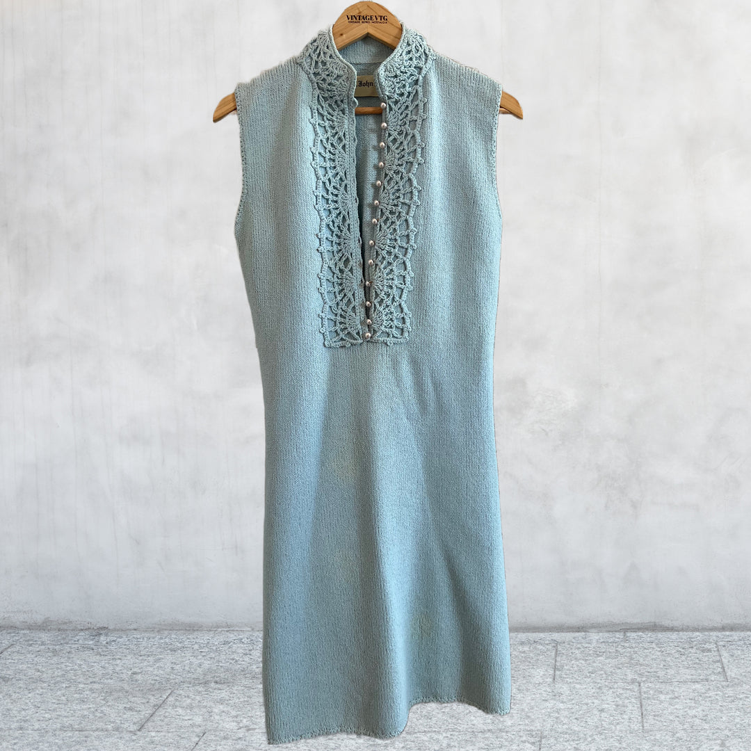 Vintage 60's St. John Knits. Baby blue Crochet beaded Pearl Button up dress.