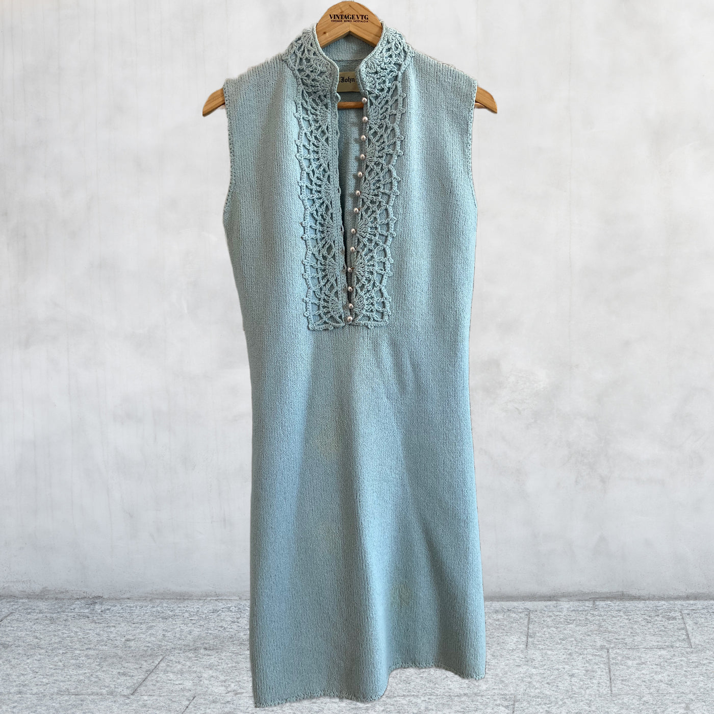 Vintage 60's St. John Knits. Baby blue Crochet beaded Pearl Button up dress.