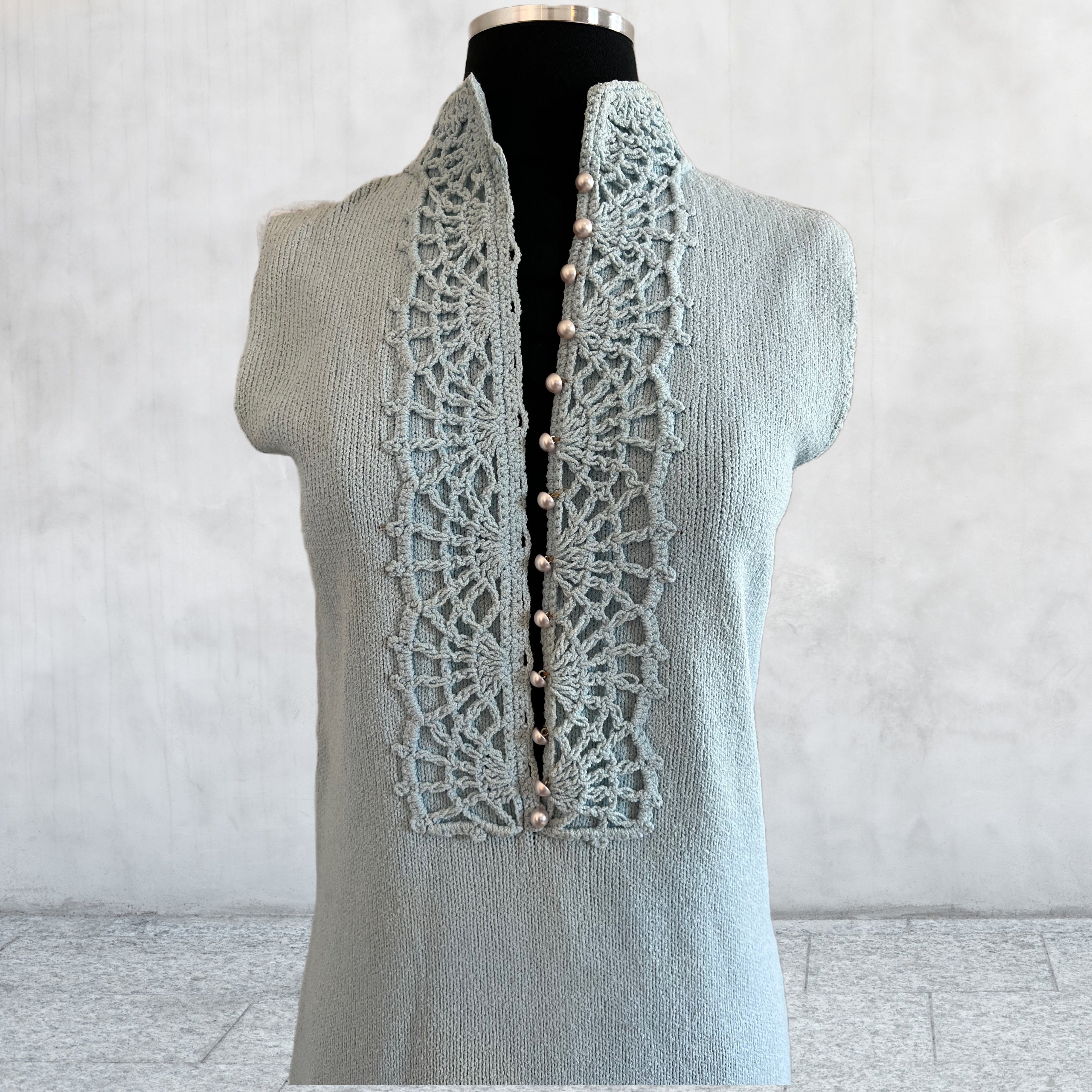 Vintage 60's St. John Knits. Baby blue Crochet beaded Pearl Button up dress.