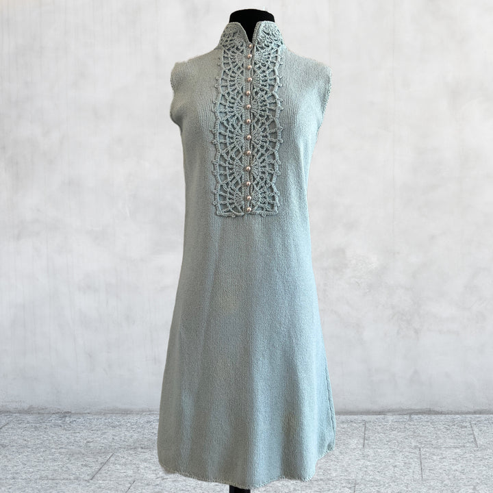 Vintage 60's St. John Knits. Baby blue Crochet beaded Pearl Button up dress.