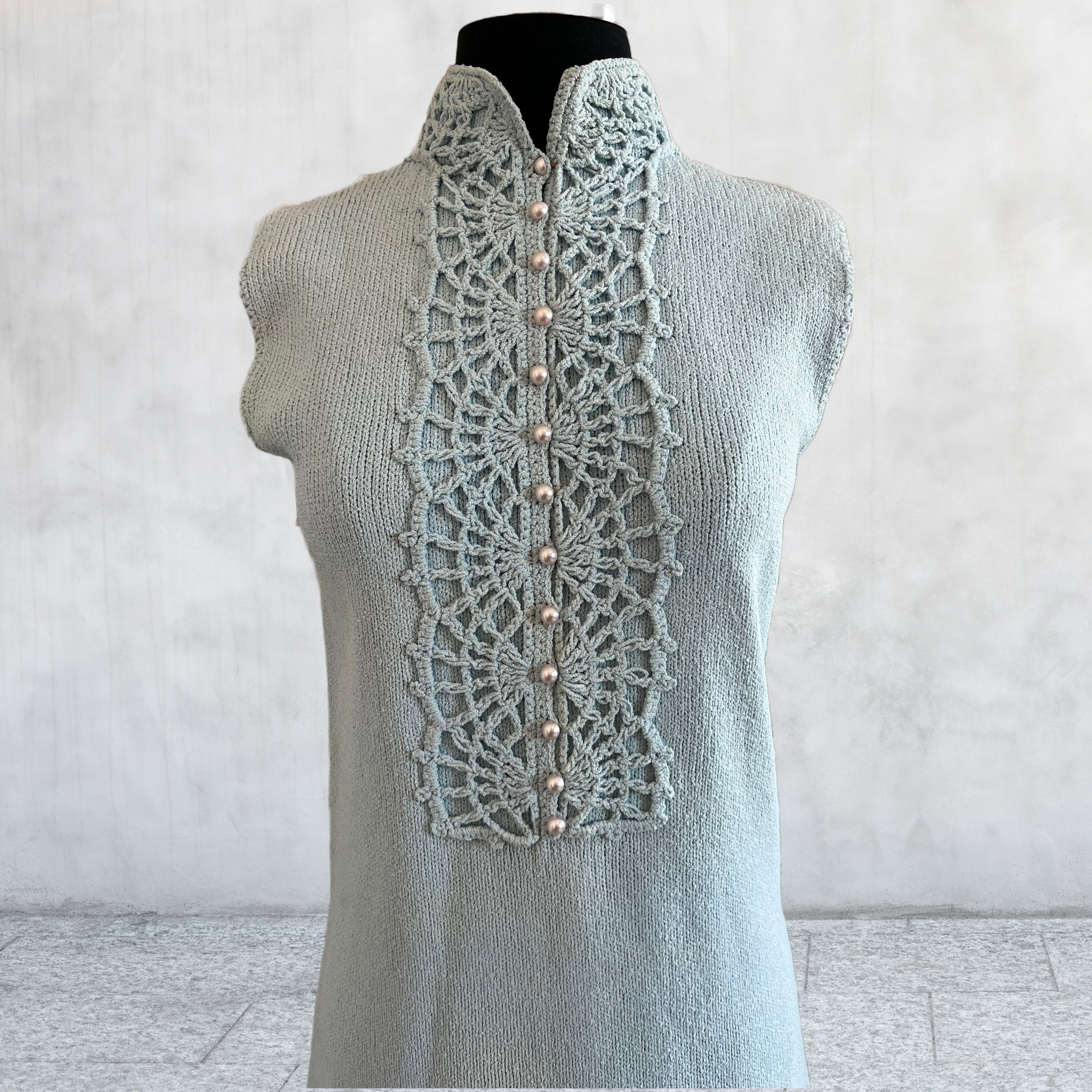 Vintage 60's St. John Knits. Baby blue Crochet beaded Pearl Button up dress.