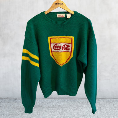 Vintage 80s Coca Cola Unisex sweater green and yellow. Medium