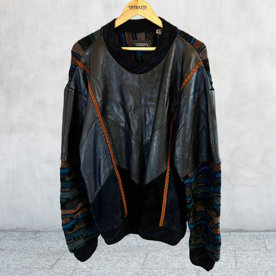 Vintage 80s Saxony sweater leather, suede and wool. 80s Hip Hop sweater. Medium